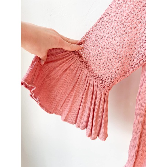LOFT Women's Pink Lace Yoke Half Bell Hem Sleeve Boho Flowy Blouse size S/M - Picture 5 of 7